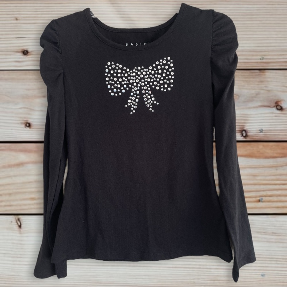 BASIC EDITIONS Rhinestone Bow Puff Sleeve Shirt